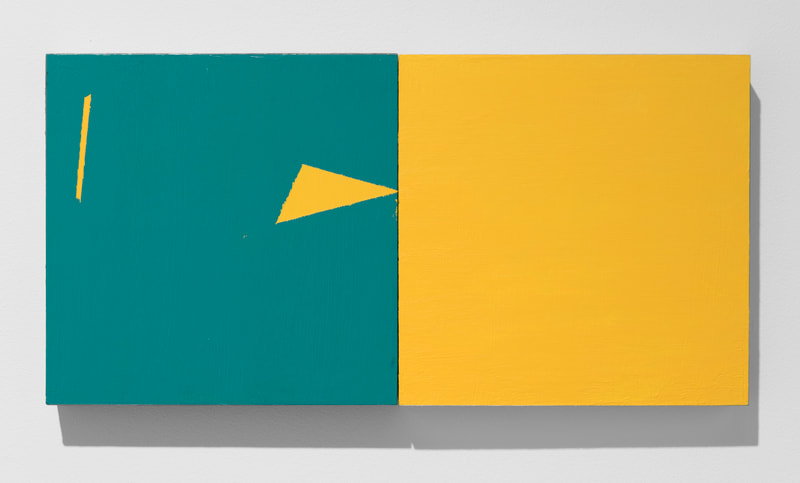 two squares formed as one rectangle; left one in green with yellow line and triangle floating next to a yellow square