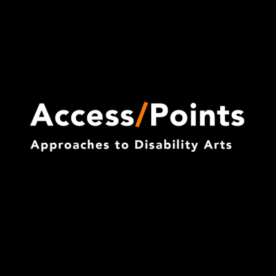 white text centered on a black background says Access / Points Approaches to Disability Arts