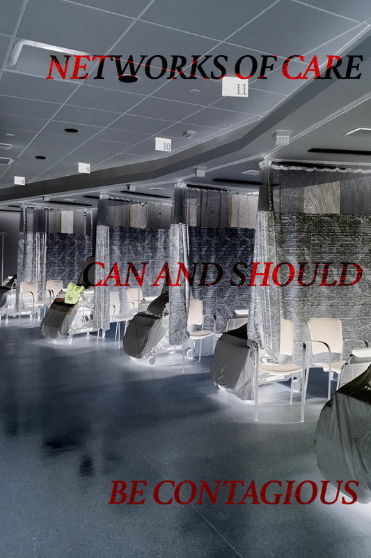 An image in variants of grey-blue scale, reminiscent of x-ray results, showing a glaring fluorescent room with 5 empty hospital beds and chairs on a diagonal, arranged from the bottom right of the image to the middle left section. Text that says NETWORKS OF CARE CAN AND SHOULD BE CONTAGIOUS is layered from top right to bottom right of the image in transparent red and grey shaded font. Each bed stall has 